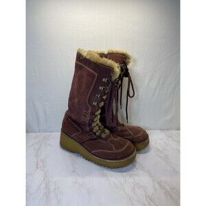 Y2K Report Red Faux Fur Suede Leather Lace Up Chunky Platform Boots US 9